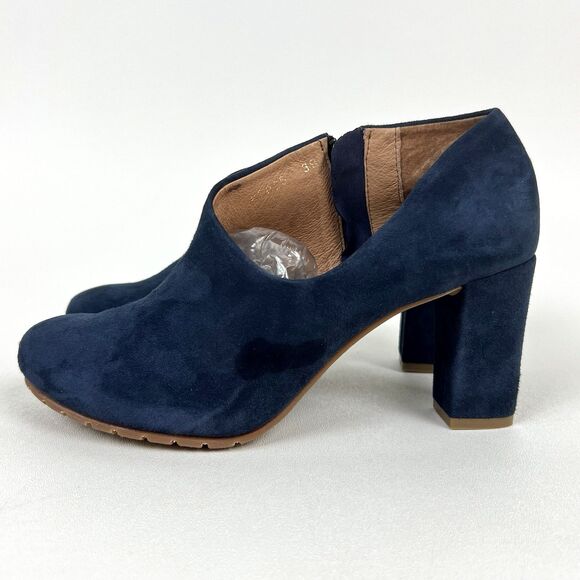 ALL BLACK Brand Booties Navy Suede Heels Asymmetrical Vamp Fashion Forward Sz 39 - Picture 4 of 11